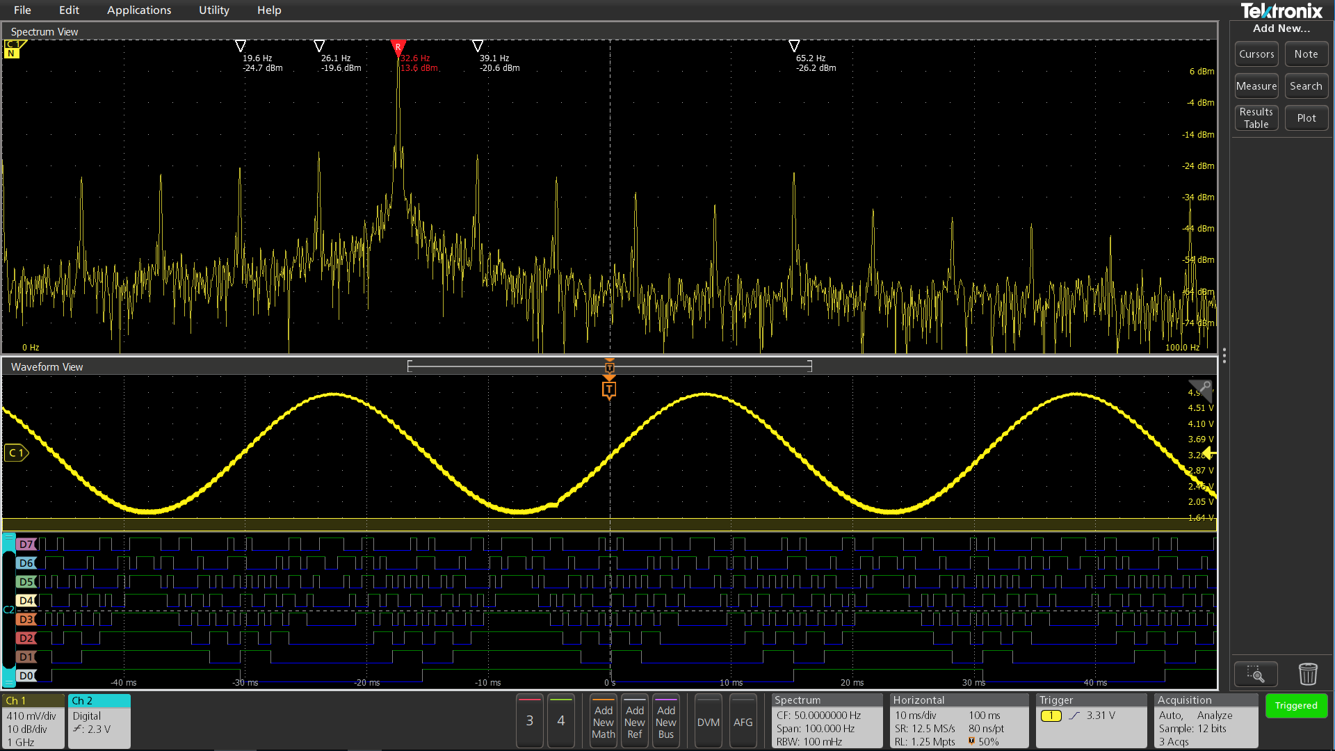 模拟波形,频率频谱和数字波形组成的视图